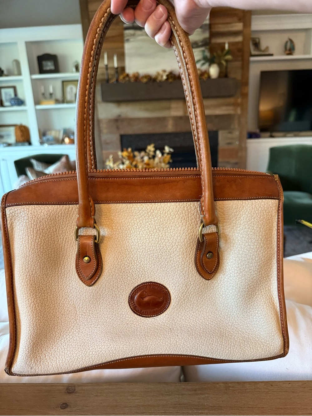 Leather-Trim Cream Tote Bag with Brown Accents